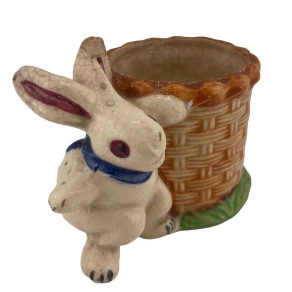 Made in Japan Other - Vintage Made In Japan Porcelain Bunny Rabbit Woven‎ Basket Small Planter